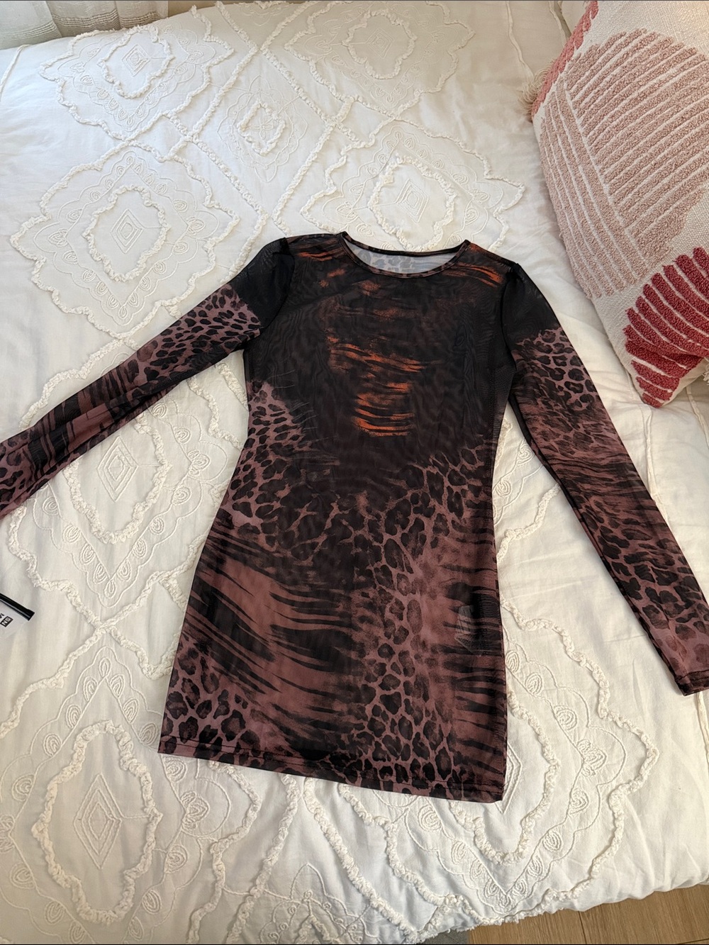 Long Sleeve Leopard-Print Bodycon Dress in Dark Brown